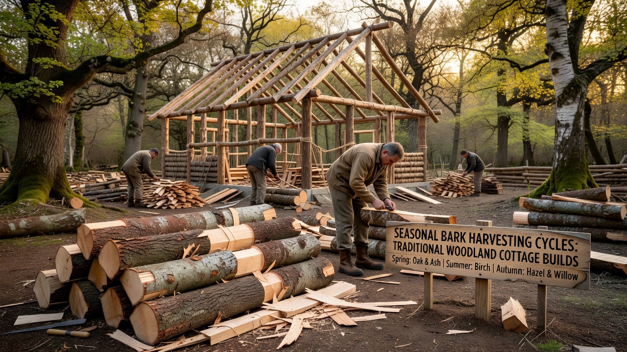Workers processing harvested bark sheets for traditional cottage construction