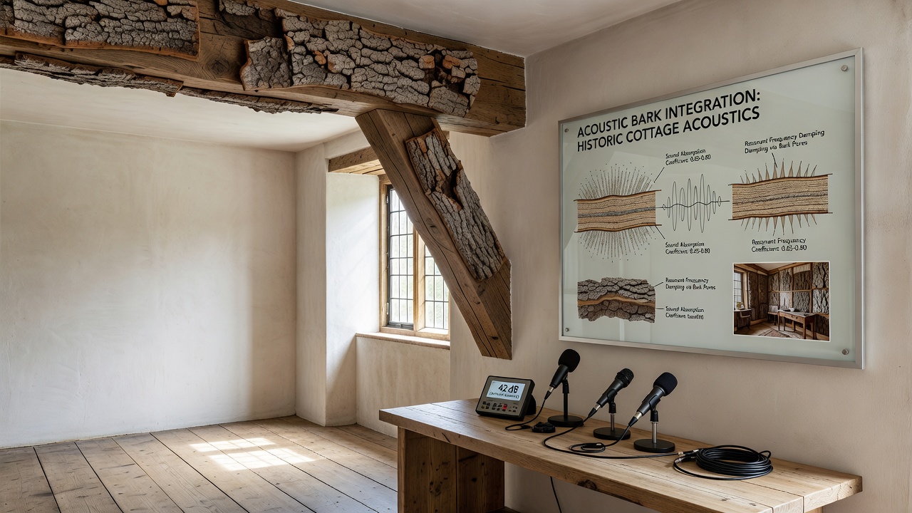 Close view of bark acoustic treatment in a restored cottage wall section